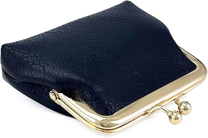 Vintage Leather Coin Purse | Mini Kiss Lock Wallet in Deep Blue with Gold Frame | Unisex Pouch for Coins, Keys & Accessories