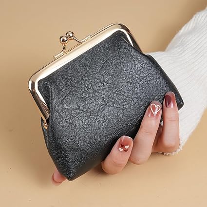 Vintage Leather Coin Purse | Mini Kiss Lock Wallet in Deep Blue with Gold Frame | Unisex Pouch for Coins, Keys & Accessories