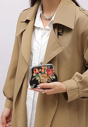 Vintage Floral Coin Purse | Small Retro Fabric Pouch with Metal Kiss Lock | Women’s Mini Wallet for Coins, Keys, Jewelry & Gifts