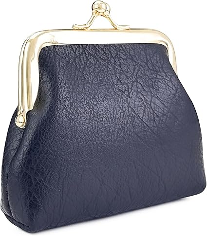 Vintage Leather Coin Purse | Mini Kiss Lock Wallet in Deep Blue with Gold Frame | Unisex Pouch for Coins, Keys & Accessories