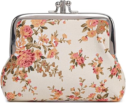 Vintage Floral Coin Purse | Women’s Mini Kiss Lock Wallet | Ivory Fabric Pouch with Flowers | Elegant Everyday Gift